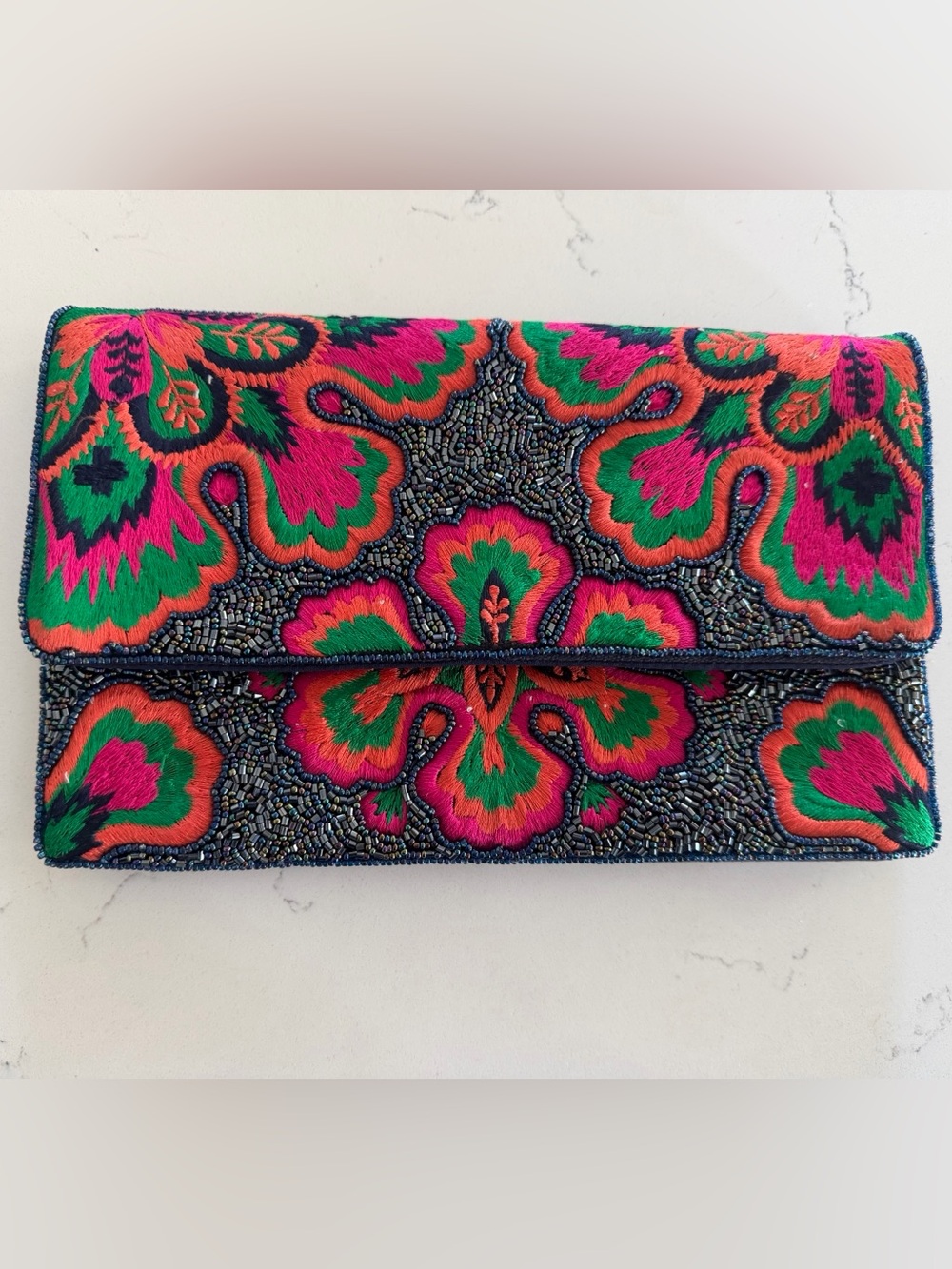 Embroidered Floral Beaded Clutch - Pink & Green